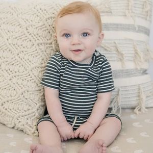 EUC Mebie Baby Striped Ribbed Two-piece Short Set // Charcoal